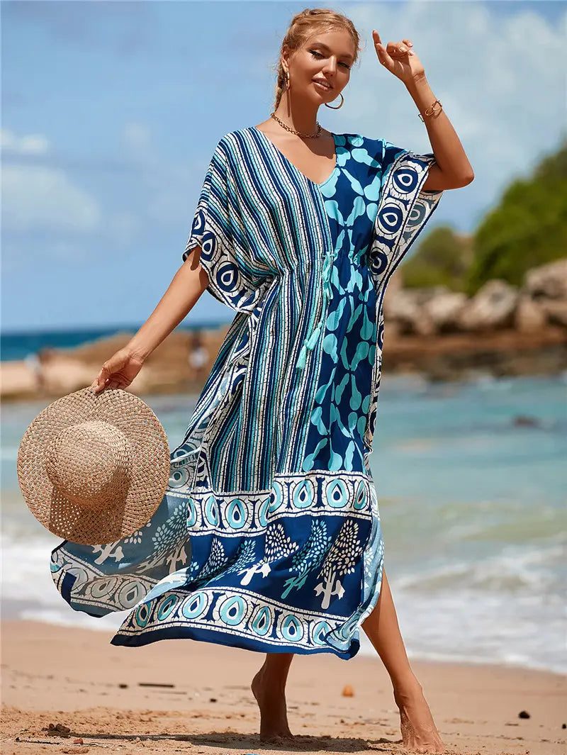 Kaftan Summer Dresses, Tassel Strings waist Blue, S-3XL