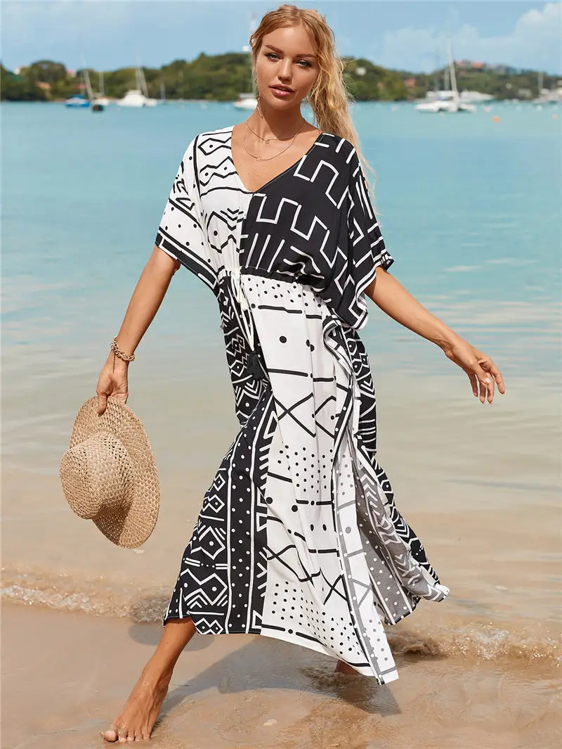 Kaftan Summer Dresses Tribal, Tassel Strings waist -Black & White, S-3XL