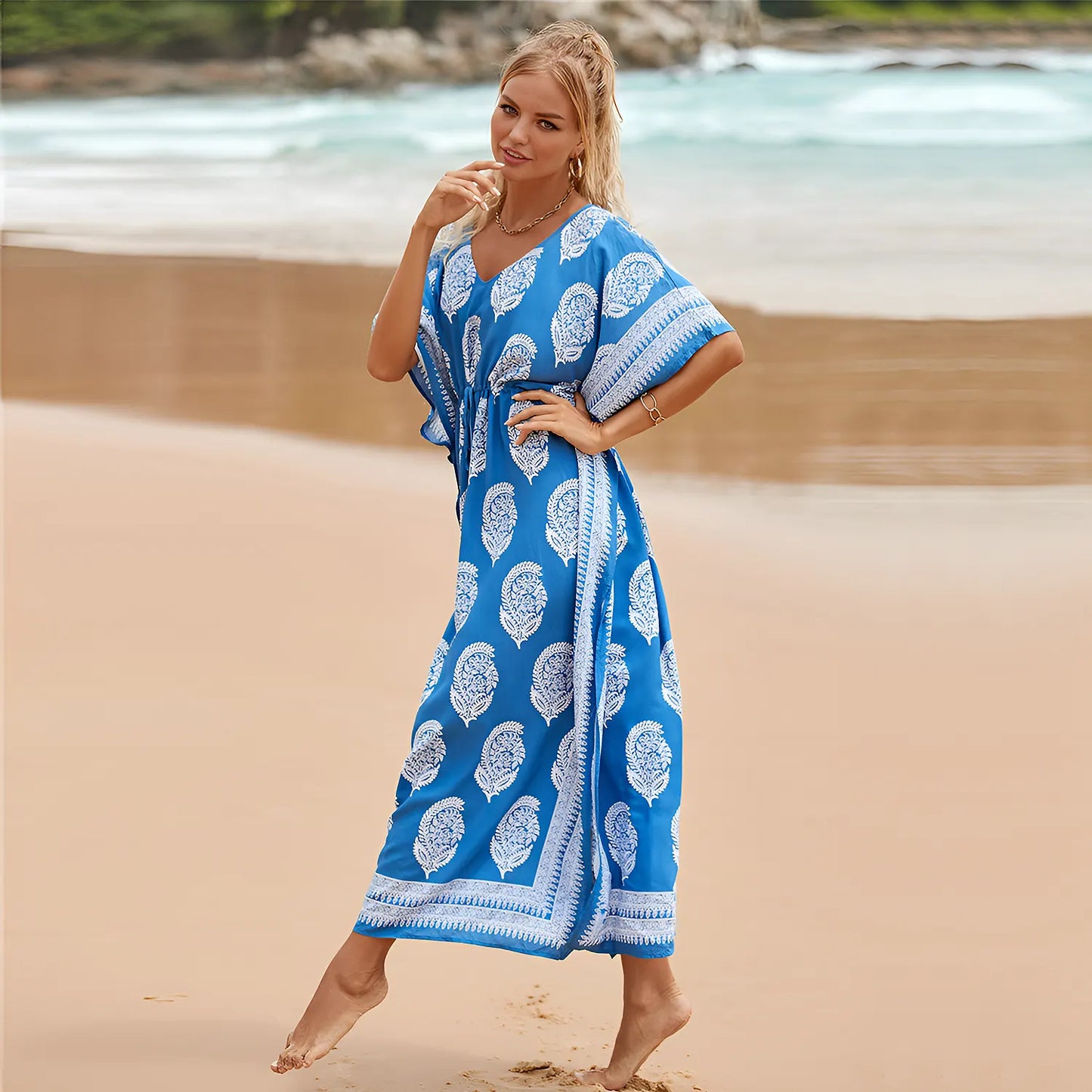 Floral Kaftan Summer Dresses, Tassel Strings waist -Blue, S-3XL