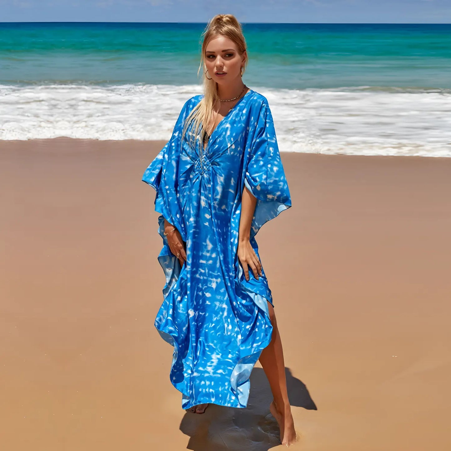 Kaftan Summer Dresses, Braided V-Neck - Blue, S-3XL