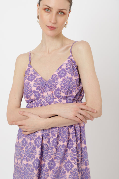 Women Strappy Sweetheart neck with  pleat-in waist cotton Midi dress- Purple, MOP 10 Pcs