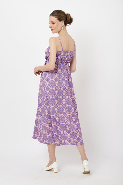 Women Strappy Sweetheart neck with  pleat-in waist cotton Midi dress- Purple, MOP 10 Pcs
