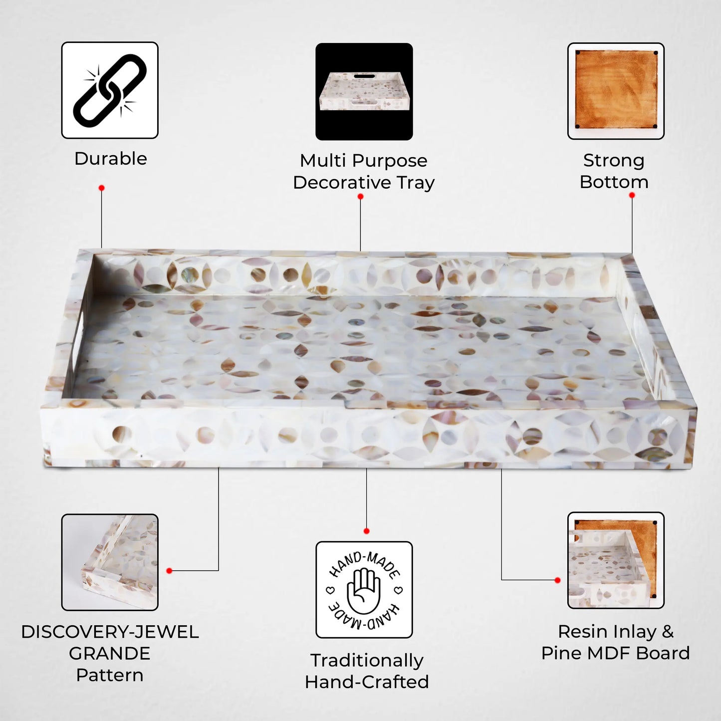 Decorative Trays Discovery Jewel Grande Pattern Mother of Pearl & Resin Inlay Collection in 2 Sizes