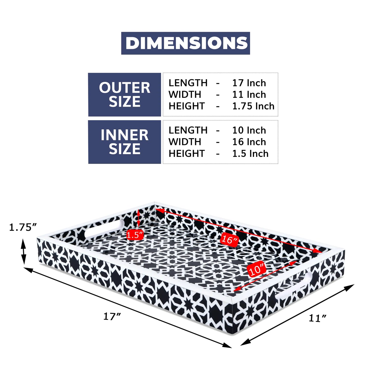 Decorative Trays Shiraj Pattern Resin Inlay Collection in 2 Sizes, Black & White