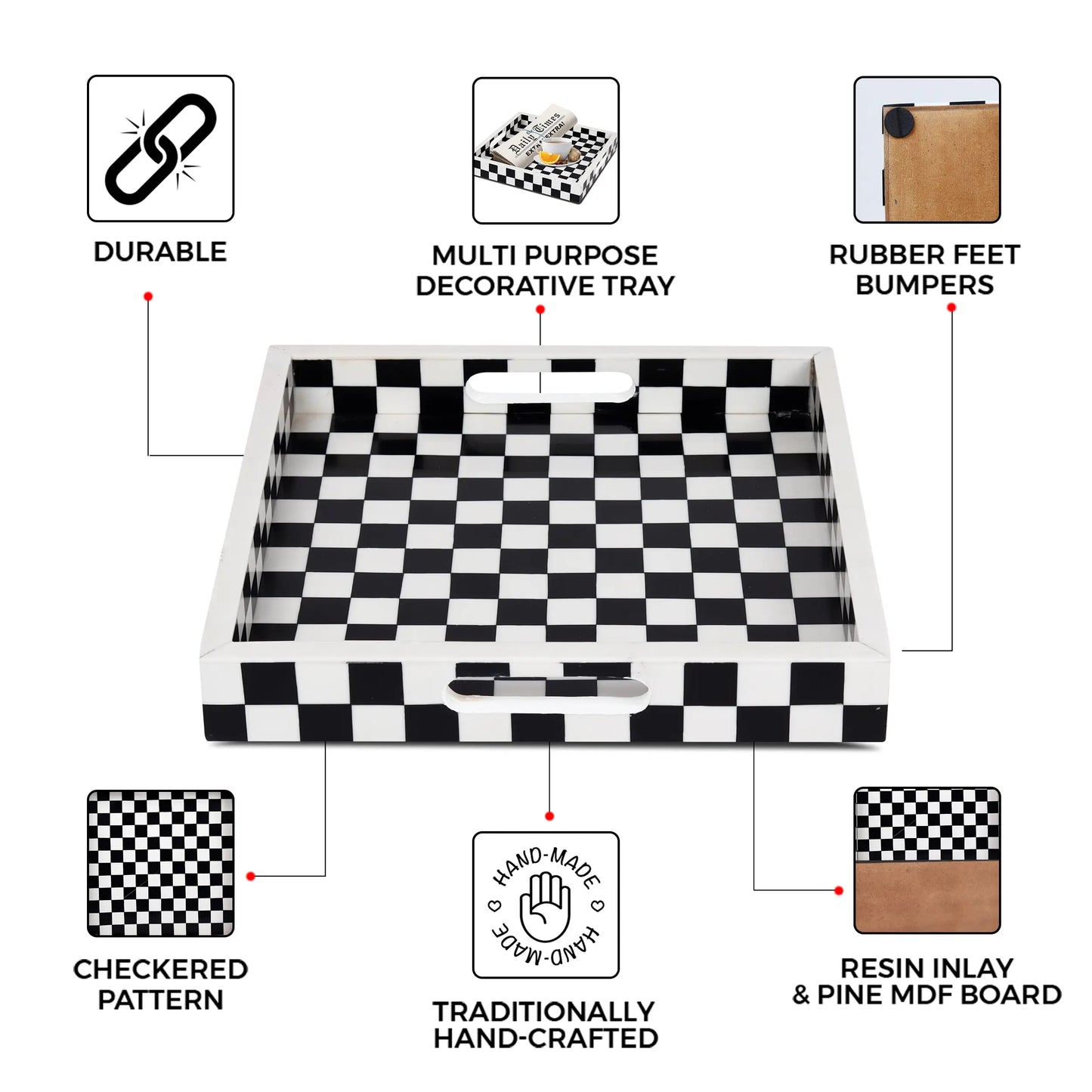 Decorative Trays Illusion Check Pattern Resin Inlay Collection in 12x12, Black & White