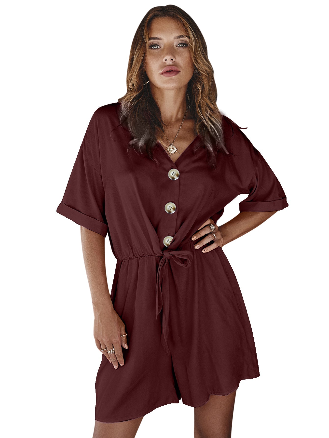 Jumpsuit V Neck Short Sleeves Button Front Self Tie Rompers -Available in 13 Colors