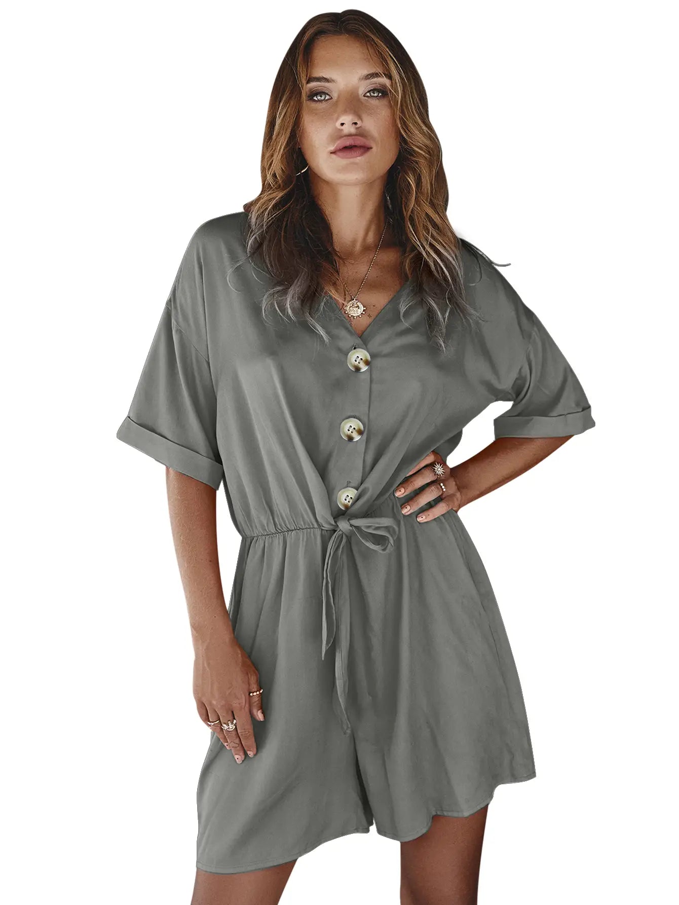 Jumpsuit V Neck Short Sleeves Button Front Self Tie Rompers -Available in 13 Colors