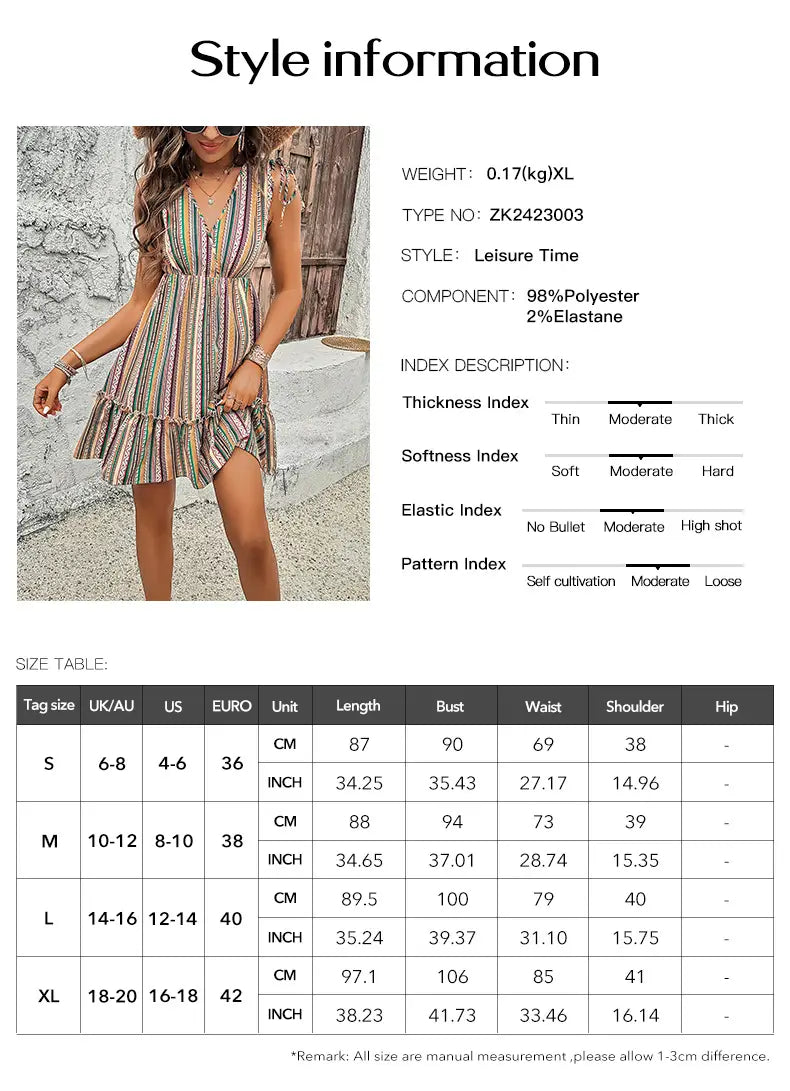 V-neck Multicolored Striped Short Flared Dress with Shoulder Ties