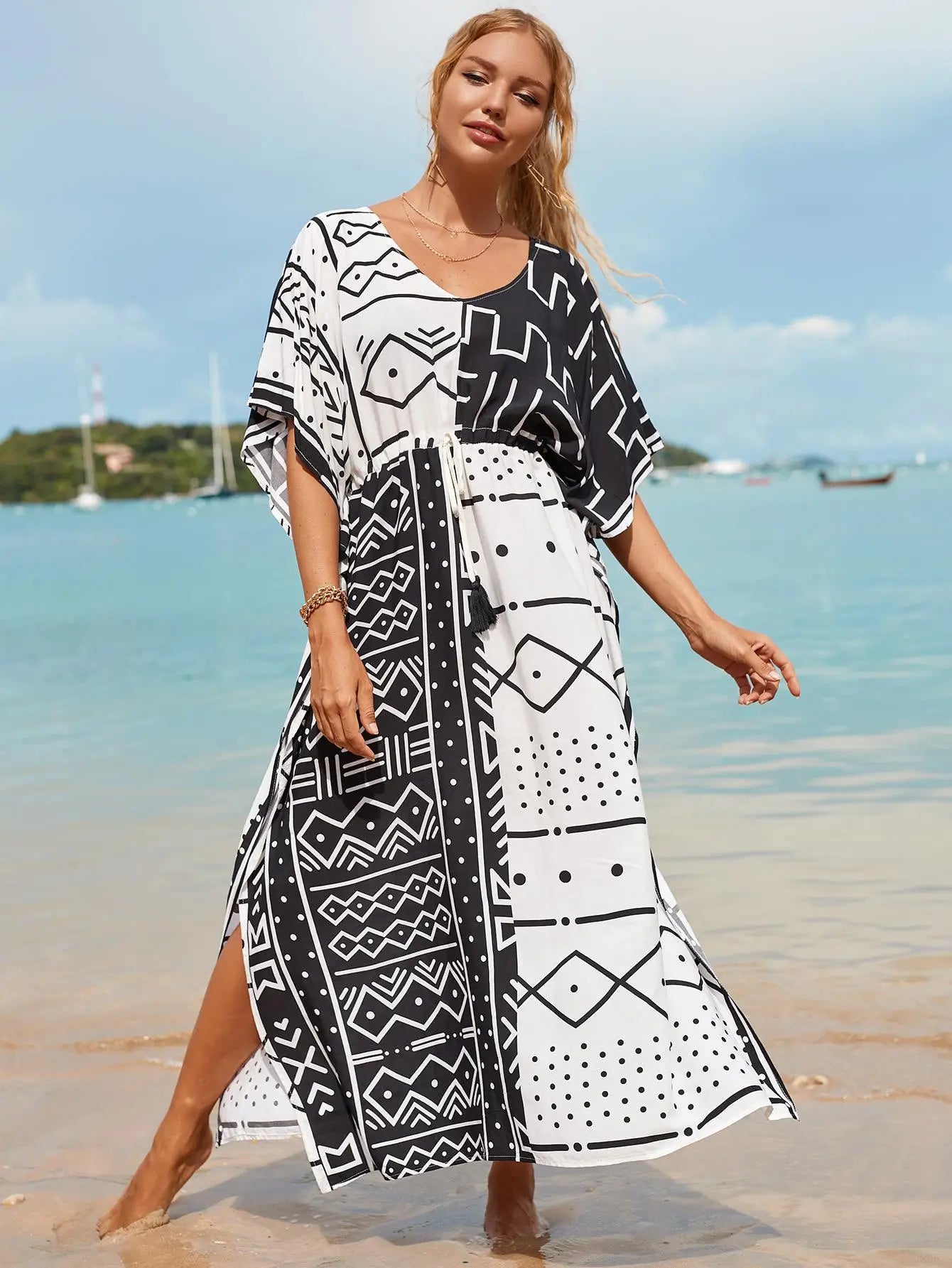 Kaftan Summer Dresses Tribal, Tassel Strings waist -Black & White, S-3XL