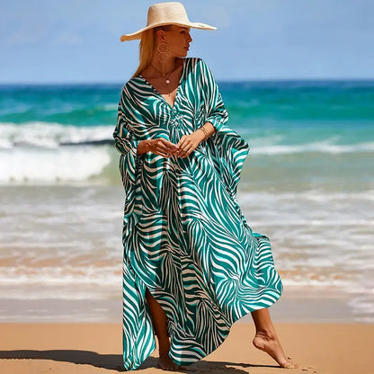 Kaftan Summer Dresses, Braided V-Neck - Green Leaf, S-3XL