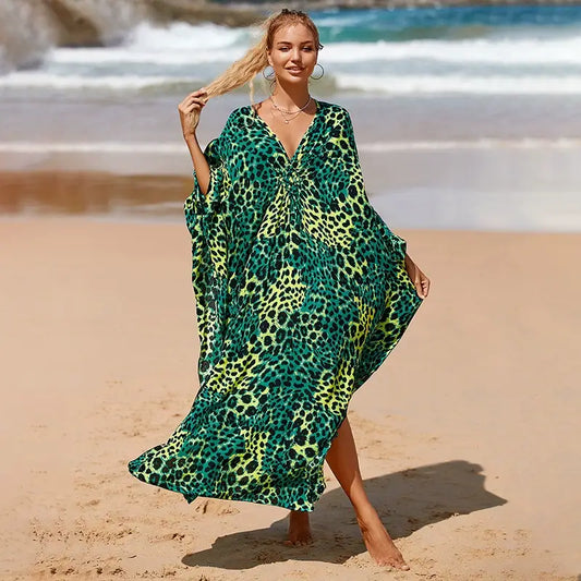 Kaftan Summer Dresses, Braided V-Neck - Green Leopard, S-3XL