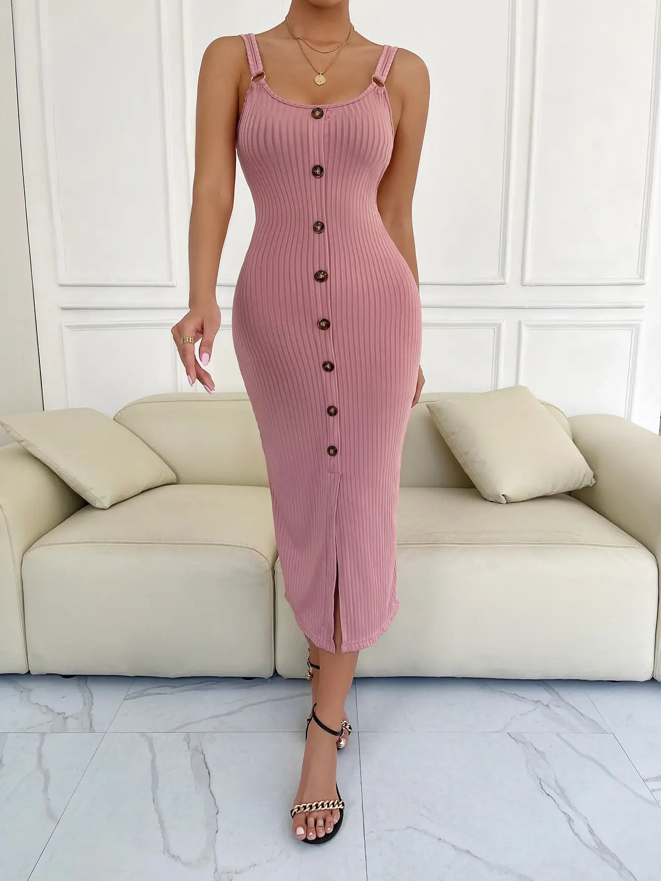 Sleeveless Midi Dress with Sweetheart Neckline, Front Slit, and Mock Buttons