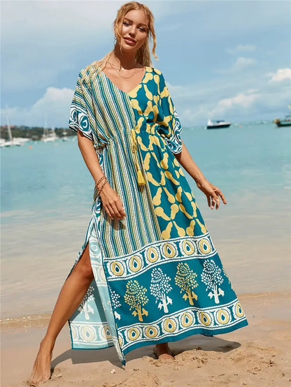 Kaftan Summer Dresses, Tassel Strings waist -Green S-3XL