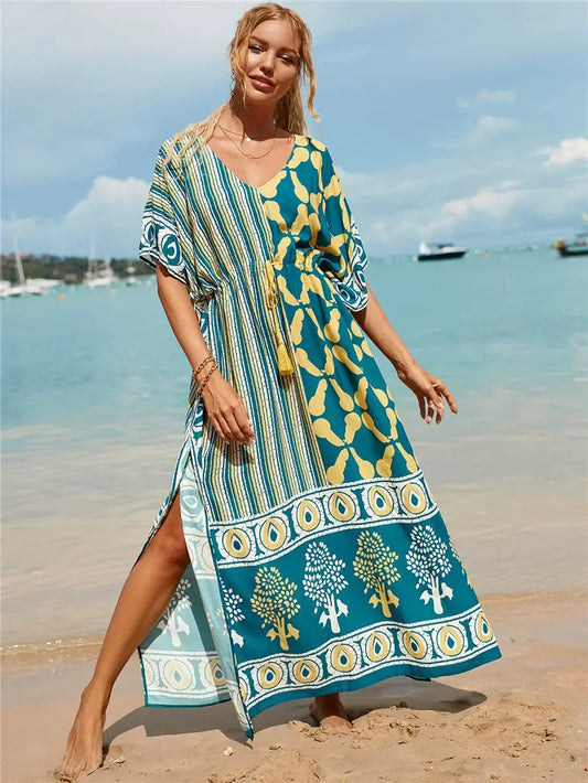 Kaftan Summer Dresses, Tassel Strings waist -Green S-3XL