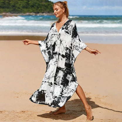 Kaftan Summer Dresses, Braided V-Neck - Black Abstract, S-3XL