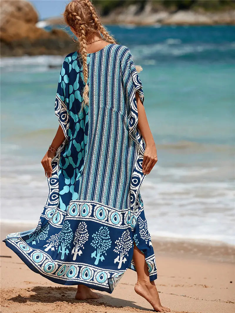 Kaftan Summer Dresses, Tassel Strings waist Blue, S-3XL