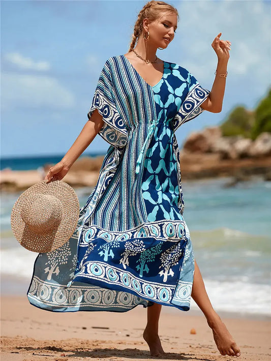 Kaftan Summer Dresses, Tassel Strings waist Blue, S-3XL