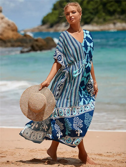 Kaftan Summer Dresses, Tassel Strings waist Blue, S-3XL