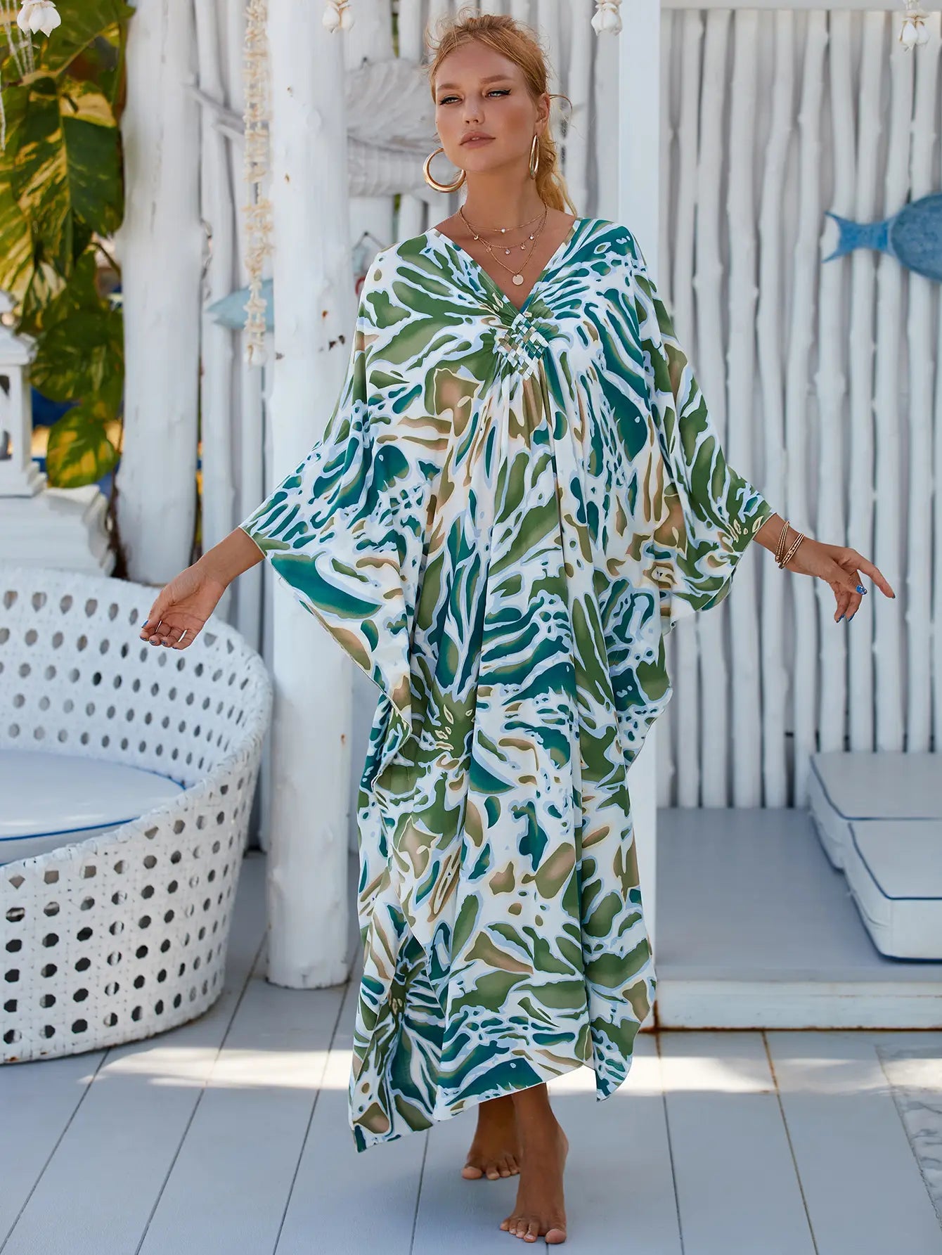 Kaftan Summer Dresses, Braided V-Neck - Green Abstract S-3XL