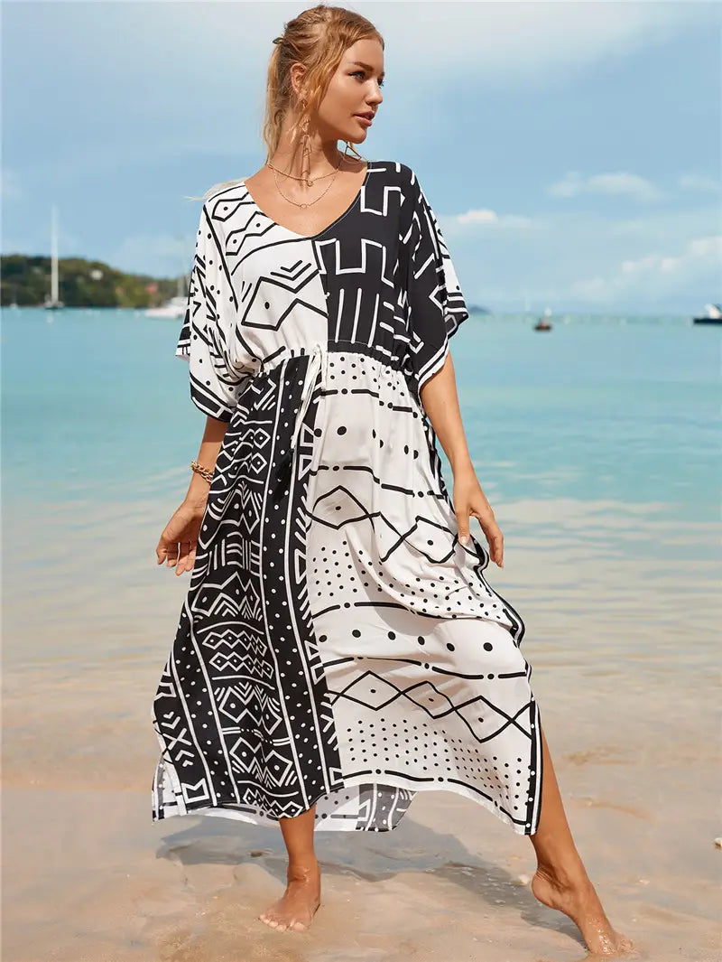 Kaftan Summer Dresses Tribal, Tassel Strings waist -Black & White, S-3XL