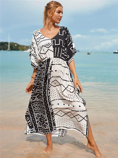 Kaftan Summer Dresses Tribal, Tassel Strings waist -Black & White, S-3XL