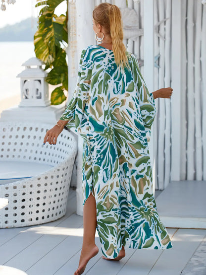 Kaftan Summer Dresses, Braided V-Neck - Green Abstract S-3XL