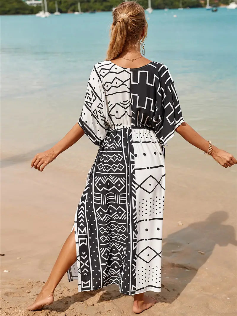 Kaftan Summer Dresses Tribal, Tassel Strings waist -Black & White, S-3XL