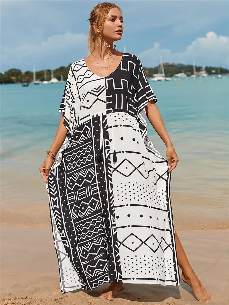 Kaftan Summer Dresses Tribal, Tassel Strings waist -Black & White, S-3XL