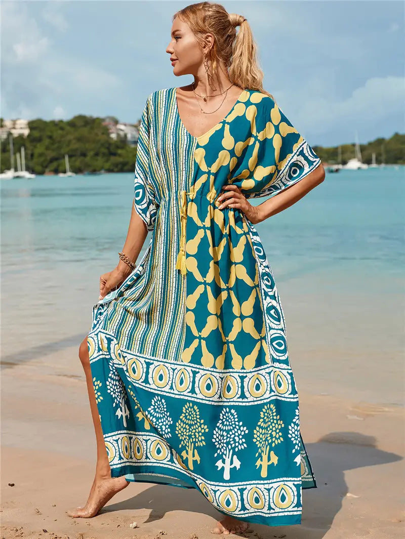 Kaftan Summer Dresses, Tassel Strings waist -Green S-3XL