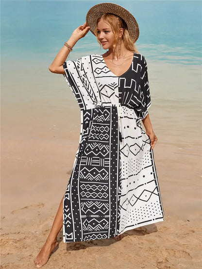Kaftan Summer Dresses Tribal, Tassel Strings waist -Black & White, S-3XL