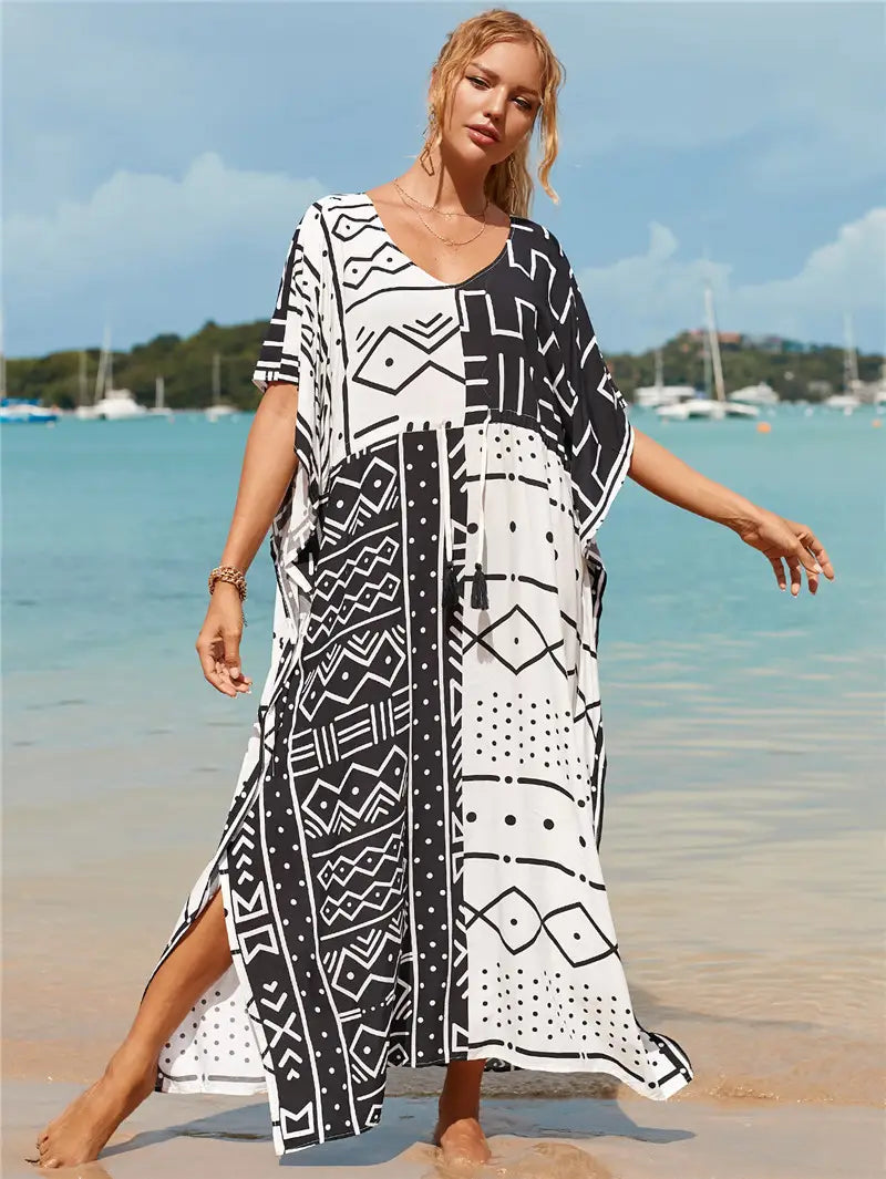 Kaftan Summer Dresses Tribal, Tassel Strings waist -Black & White, S-3XL