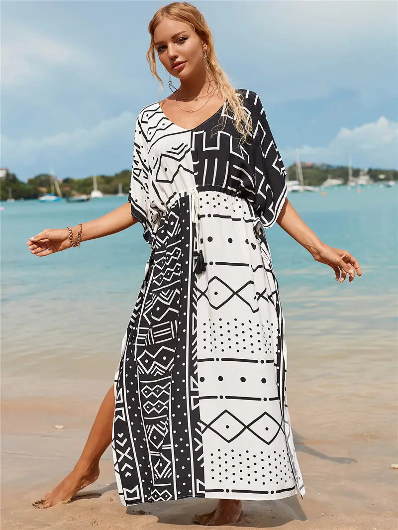 Kaftan Summer Dresses Tribal, Tassel Strings waist -Black & White, S-3XL