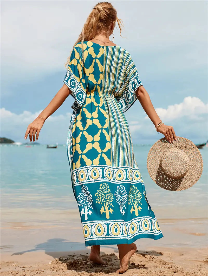 Kaftan Summer Dresses, Tassel Strings waist -Green S-3XL