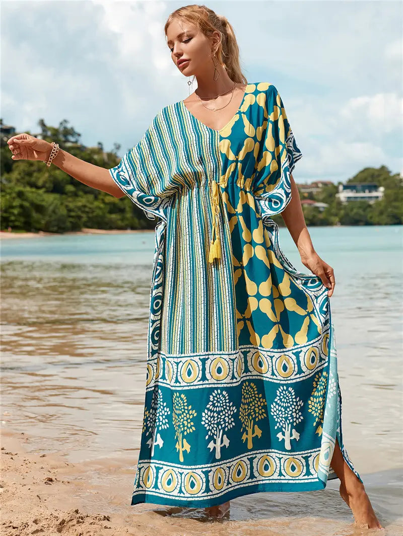 Kaftan Summer Dresses, Tassel Strings waist -Green S-3XL