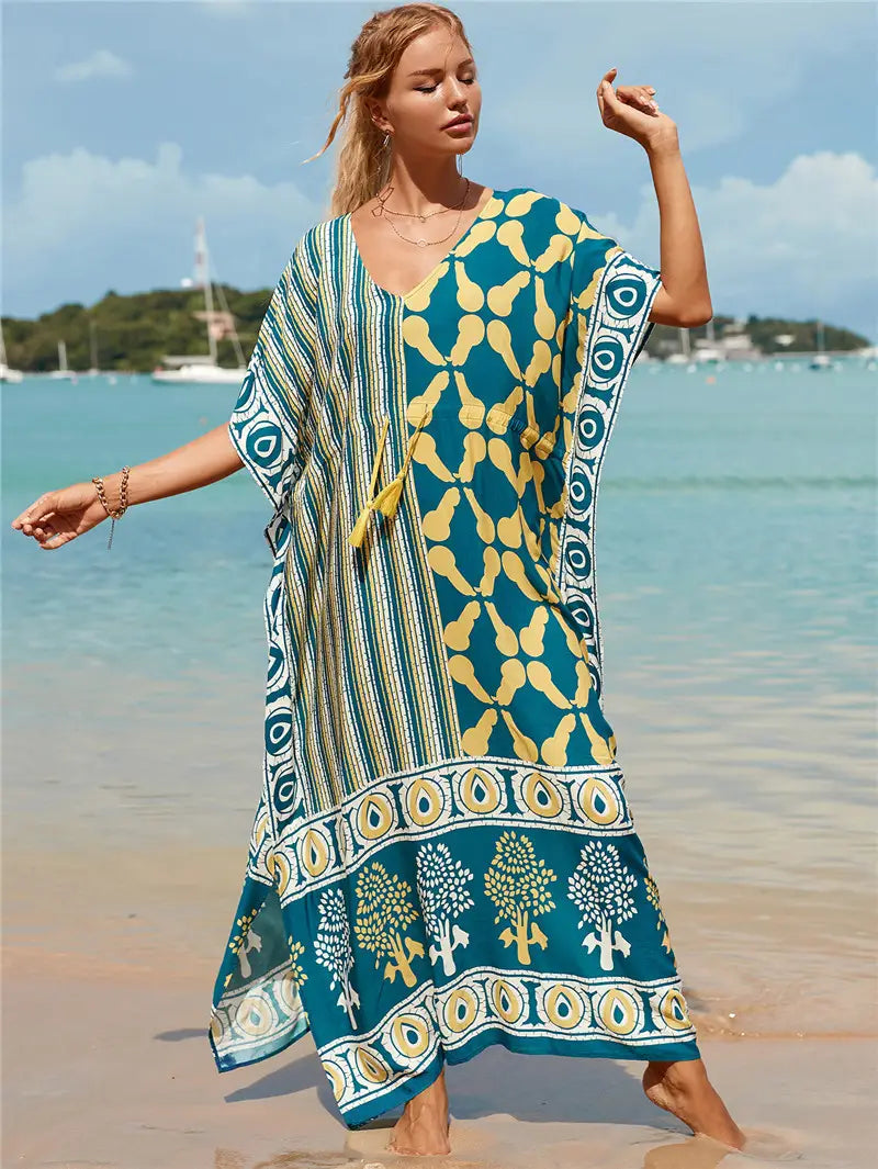 Kaftan Summer Dresses, Tassel Strings waist -Green S-3XL
