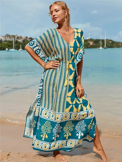 Kaftan Summer Dresses, Tassel Strings waist -Green S-3XL