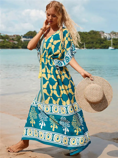 Kaftan Summer Dresses, Tassel Strings waist -Green S-3XL