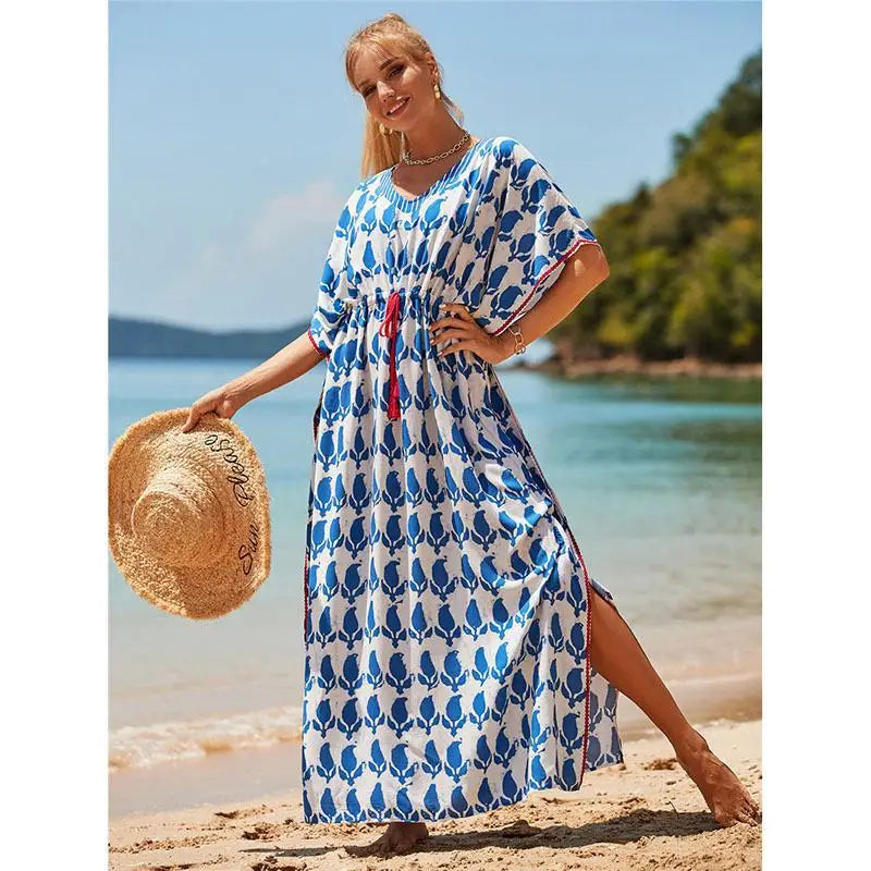 Kaftan Summer Dresses, Tassel Strings waist Blue Leaf, S-3XL