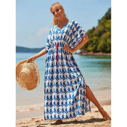 Kaftan Summer Dresses, Tassel Strings waist Blue Leaf, S-3XL