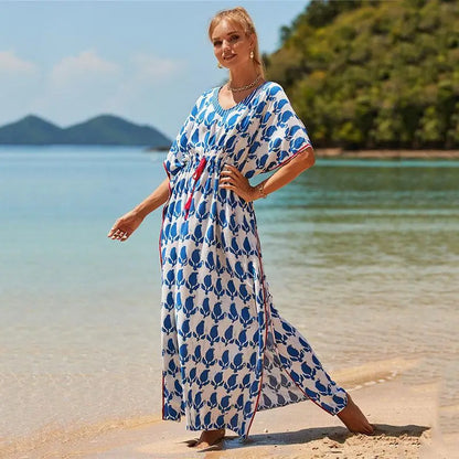 Kaftan Summer Dresses, Tassel Strings waist Blue Leaf, S-3XL