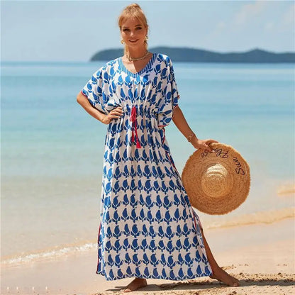 Kaftan Summer Dresses, Tassel Strings waist Blue Leaf, S-3XL