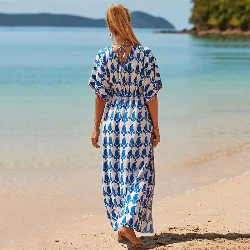 Kaftan Summer Dresses, Tassel Strings waist Blue Leaf, S-3XL