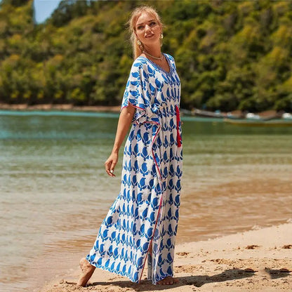 Kaftan Summer Dresses, Tassel Strings waist Blue Leaf, S-3XL