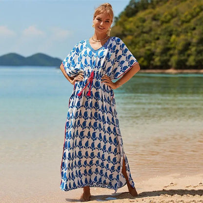Kaftan Summer Dresses, Tassel Strings waist Blue Leaf, S-3XL