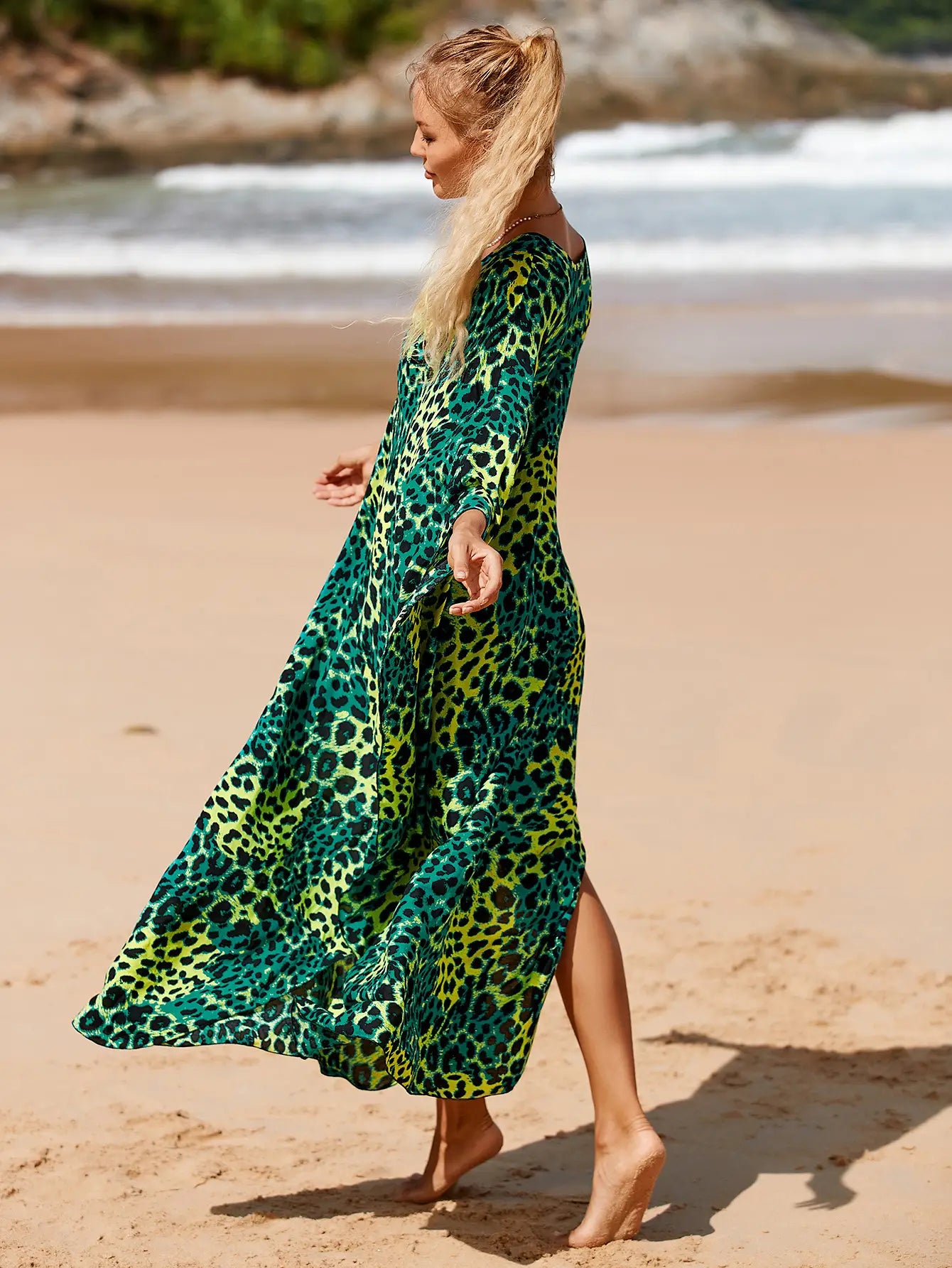 Kaftan Summer Dresses, Braided V-Neck - Green Leopard, S-3XL