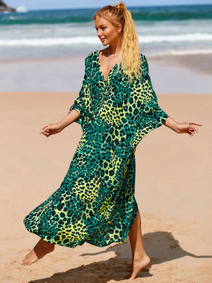 Kaftan Summer Dresses, Braided V-Neck - Green Leopard, S-3XL