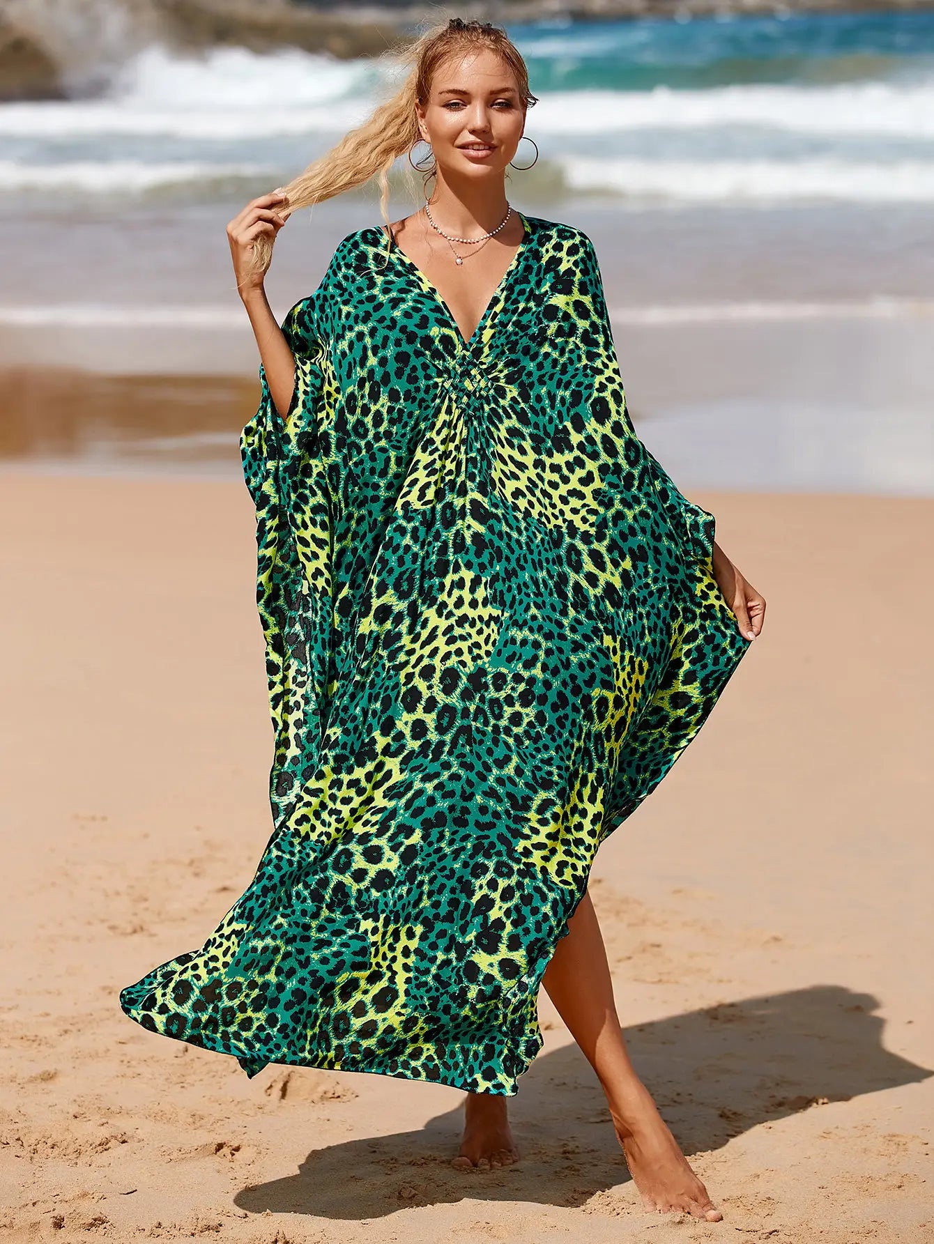 Kaftan Summer Dresses, Braided V-Neck - Green Leopard, S-3XL
