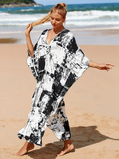 Kaftan Summer Dresses, Braided V-Neck - Black Abstract, S-3XL
