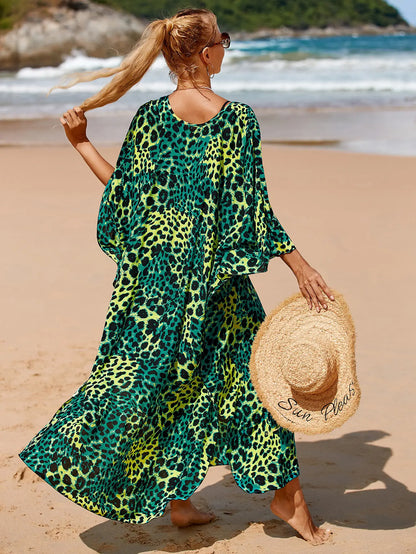 Kaftan Summer Dresses, Braided V-Neck - Green Leopard, S-3XL