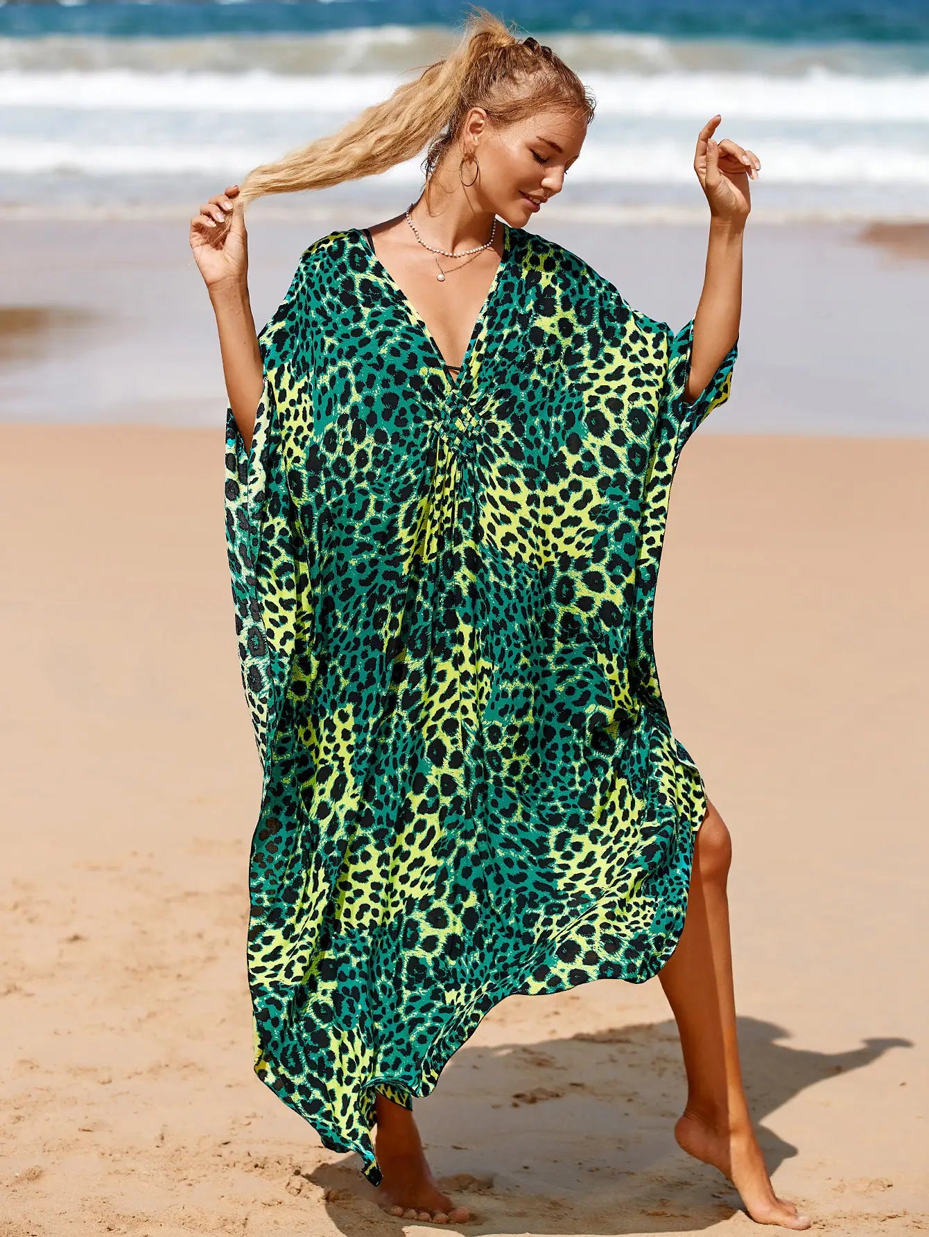 Kaftan Summer Dresses, Braided V-Neck - Green Leopard, S-3XL